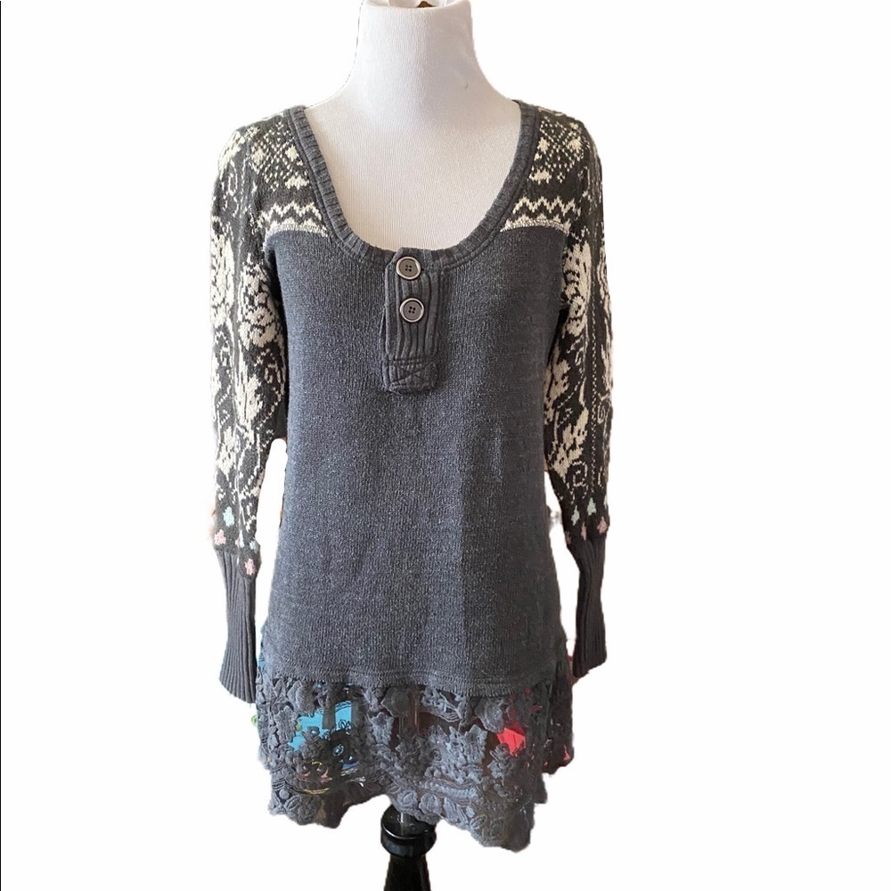 We The Free Pattern Knit Tunic Sweater Lace Hem
